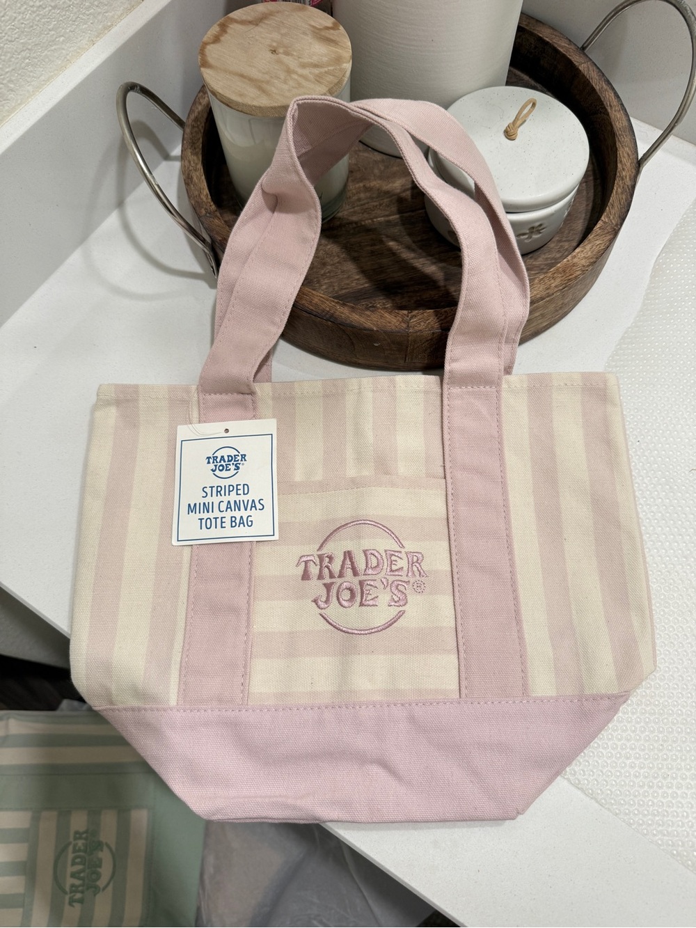 NEW Trader Joe’s Striped Mini Canvas Tote Bag - pink